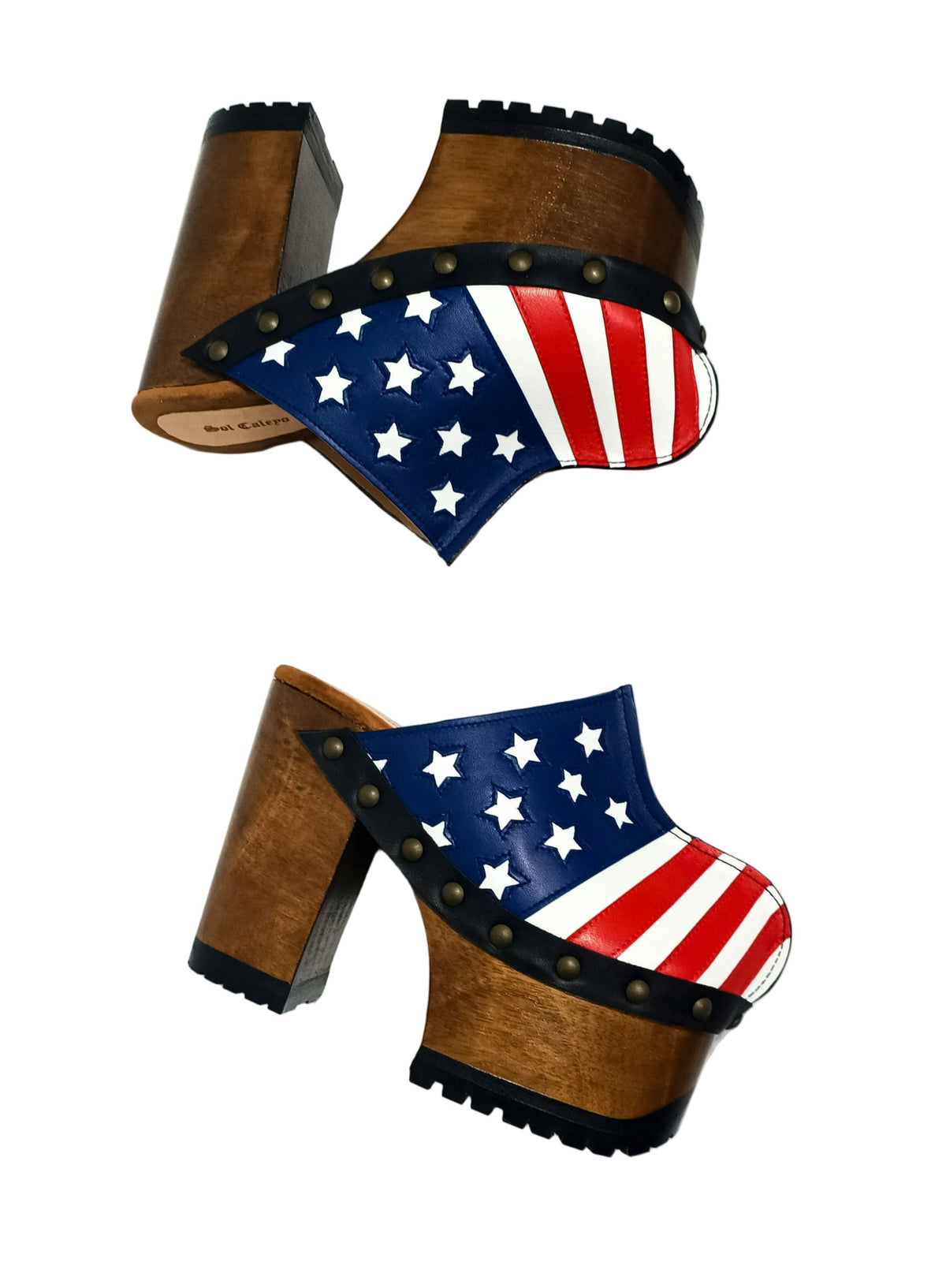 Sol Caleyo Handmade American Clogs - USA Flag Leather Platform Wooden Shoe