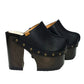 Black leather clogs with platform and super high heel. Leather mule with super high wooden heel. Black leather clogs 70's vintage style. Vintage style super high heel clogs. Sizes 34 to 47. High quality leather shoes handmade by sol Caleyo. Sustainable fashion.