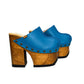 Handmade blue leather clogs with wooden platform sole and bronze studs
