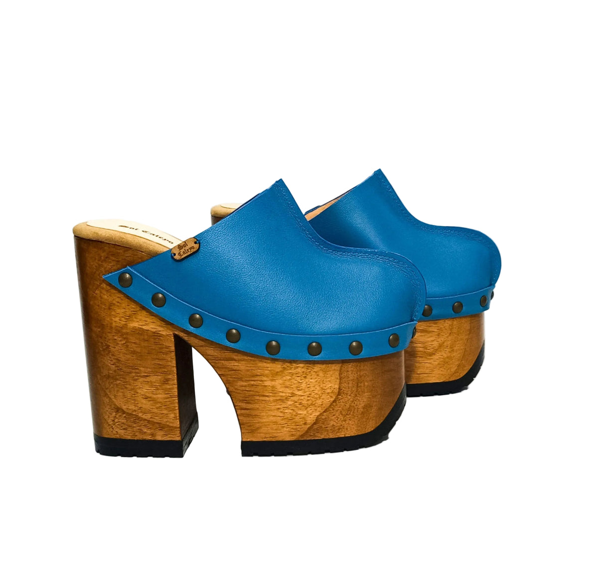 Handmade blue leather clogs with wooden platform sole and bronze studs