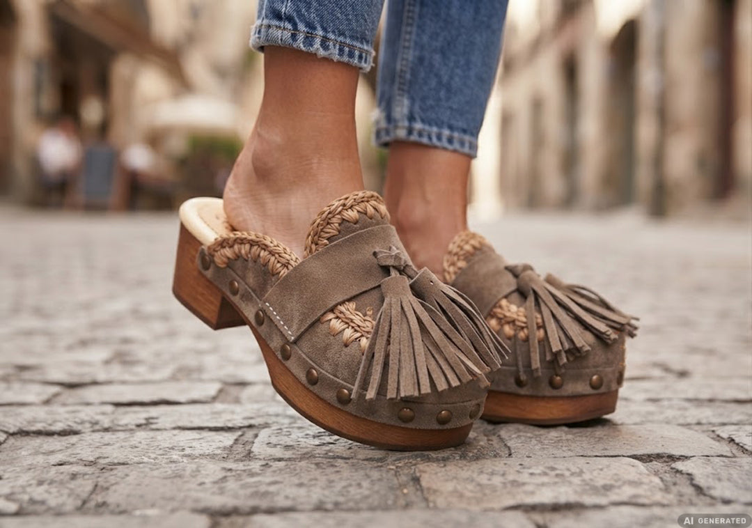 Model wearing Artemisa Earth Tone Suede Tassel Clogs with wooden platform and crochet details outdoors