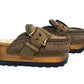 Pair of handmade brown leather clogs with wooden sole, brass studs and eyelets, made to order.