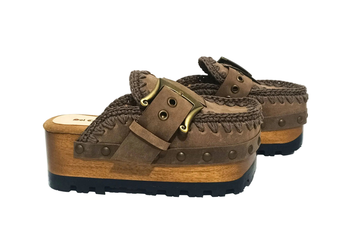 Pair of handmade brown leather clogs with wooden sole, brass studs and eyelets, made to order.