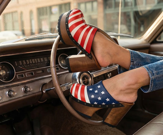 Model Wearing Sol Caleyo American Clogs - USA Flag Platform Shoes with 13cm Heel