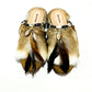 Handmade boho suede platform clogs with rabbit fur, carved bone, shells and feathers by Sol Caleyo