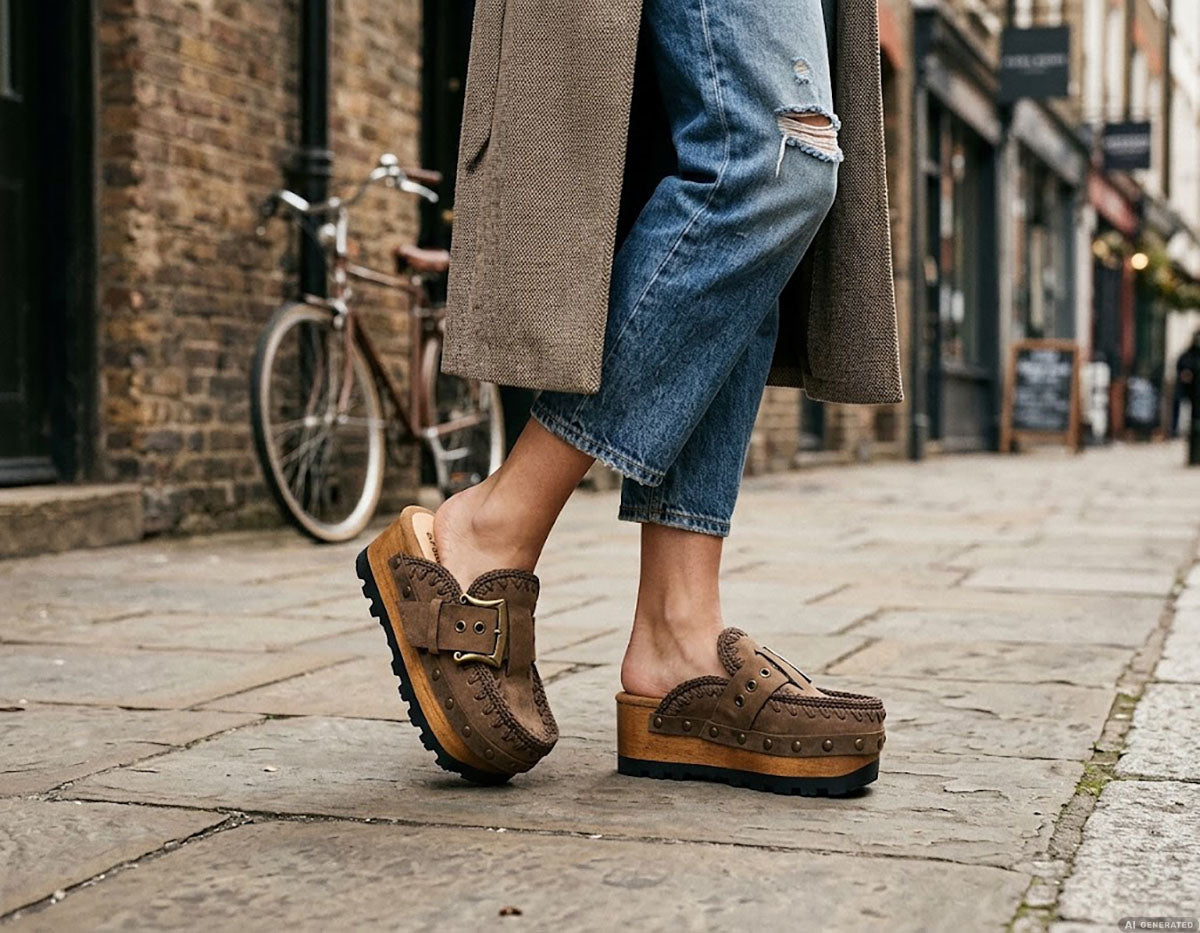 Woman walking in Sol Caleyo aged brown leather platform clogs with antique brass buckle on a cobblestone street