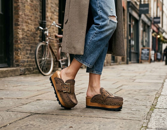 Woman walking in Sol Caleyo aged brown leather platform clogs with antique brass buckle on a cobblestone street