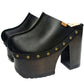 Black leather clogs with platform and super high heel. Leather mule with super high wooden heel. Black leather clogs 70's vintage style. Vintage style super high heel clogs. Sizes 34 to 47. High quality leather shoes handmade by sol Caleyo. Sustainable fashion.