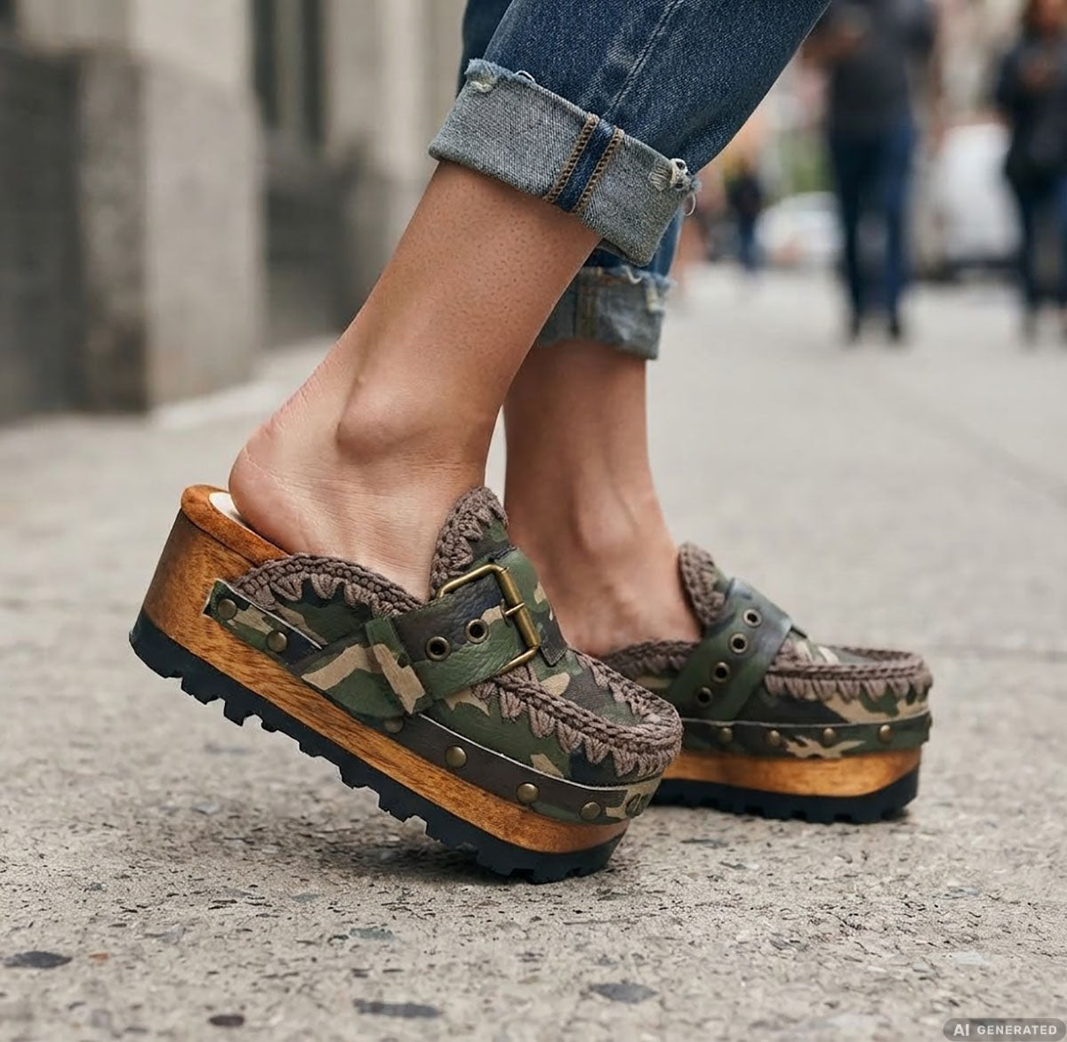Detail shot of a model wearing Sol Caleyo's military camouflage platform clogs, showcasing the green and brown leather patterns, intricate crochet trim, and prominent antique gold hardware on an urban cobblestone background.