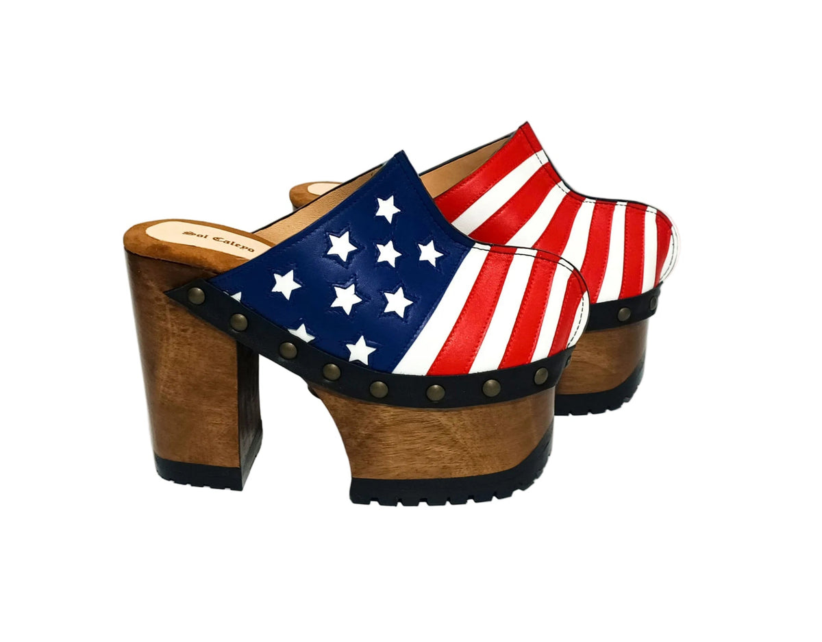 Sol Caleyo Handmade American Clogs - USA Flag Leather Platform Wooden Shoe