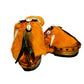Handmade orange metallic leather closed-toe platform mule clogs with orange rabbit fur, feathers, horns, shells and 6 cm natural lacquered wooden heel by Sol Caleyo.