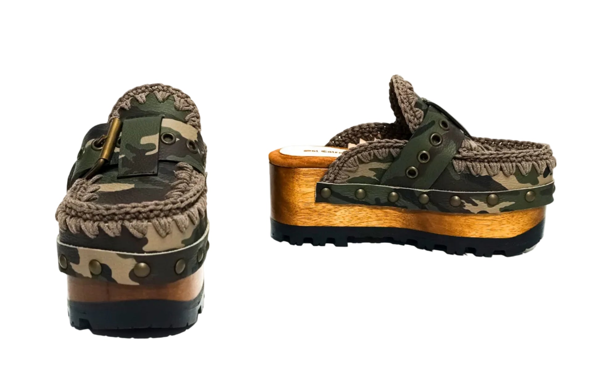 Handcrafted military camouflage and brown leather platform clog with unique crochet stitch edging and antique gold buckle detailing on a sturdy wooden base with a rugged black rubber outsole.