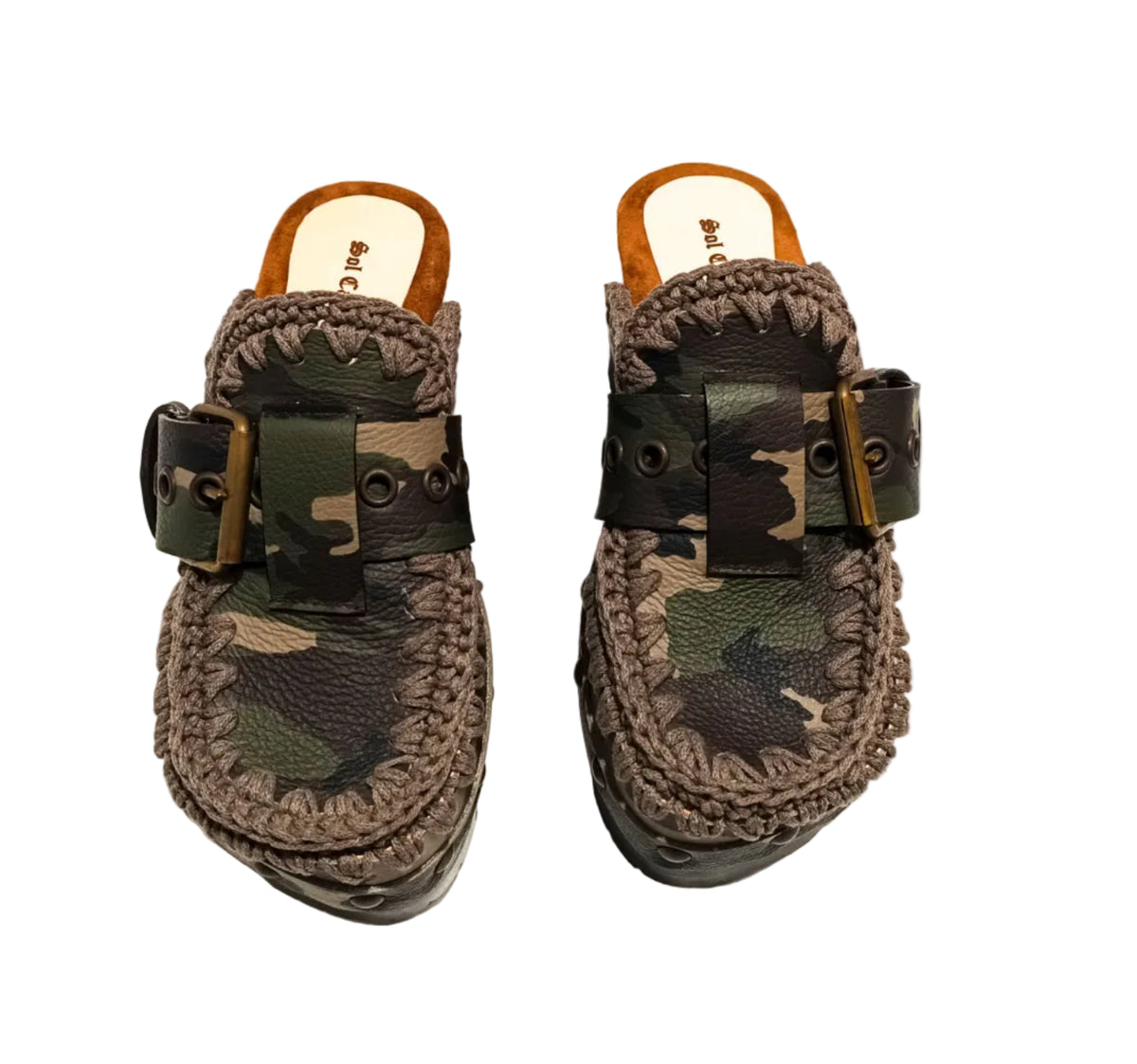 Handcrafted military camouflage and brown leather platform clog with unique crochet stitch edging and antique gold buckle detailing on a sturdy wooden base with a rugged black rubber outsole.