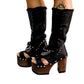 Black platform sandal with super high heel. Black super high heel platform boot with studs and silver chains. Super high heel biker style boot. Sizes 34 to 47. Handmade leather shoes by sol Caleyo.