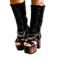 Black platform sandal with super high heel. Black super high heel platform boot with studs and silver chains. Super high heel biker style boot. Sizes 34 to 47. Handmade leather shoes by sol Caleyo.