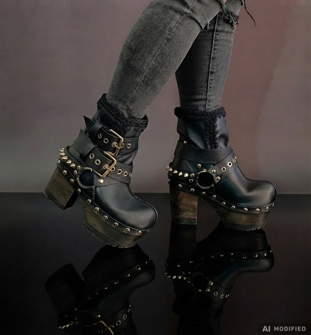 Black leather platform boots with silver studs. Black leather biker style boots with buckles. Black leather ankle boots with vintage style buckles. Leather boots with wooden heel. High-end handmade footwear by Sol Caleyo.