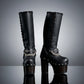 Handmade leather platform boots with silver pyramid studs, chains and 15 cm wenge wooden heel by Sol Caleyo