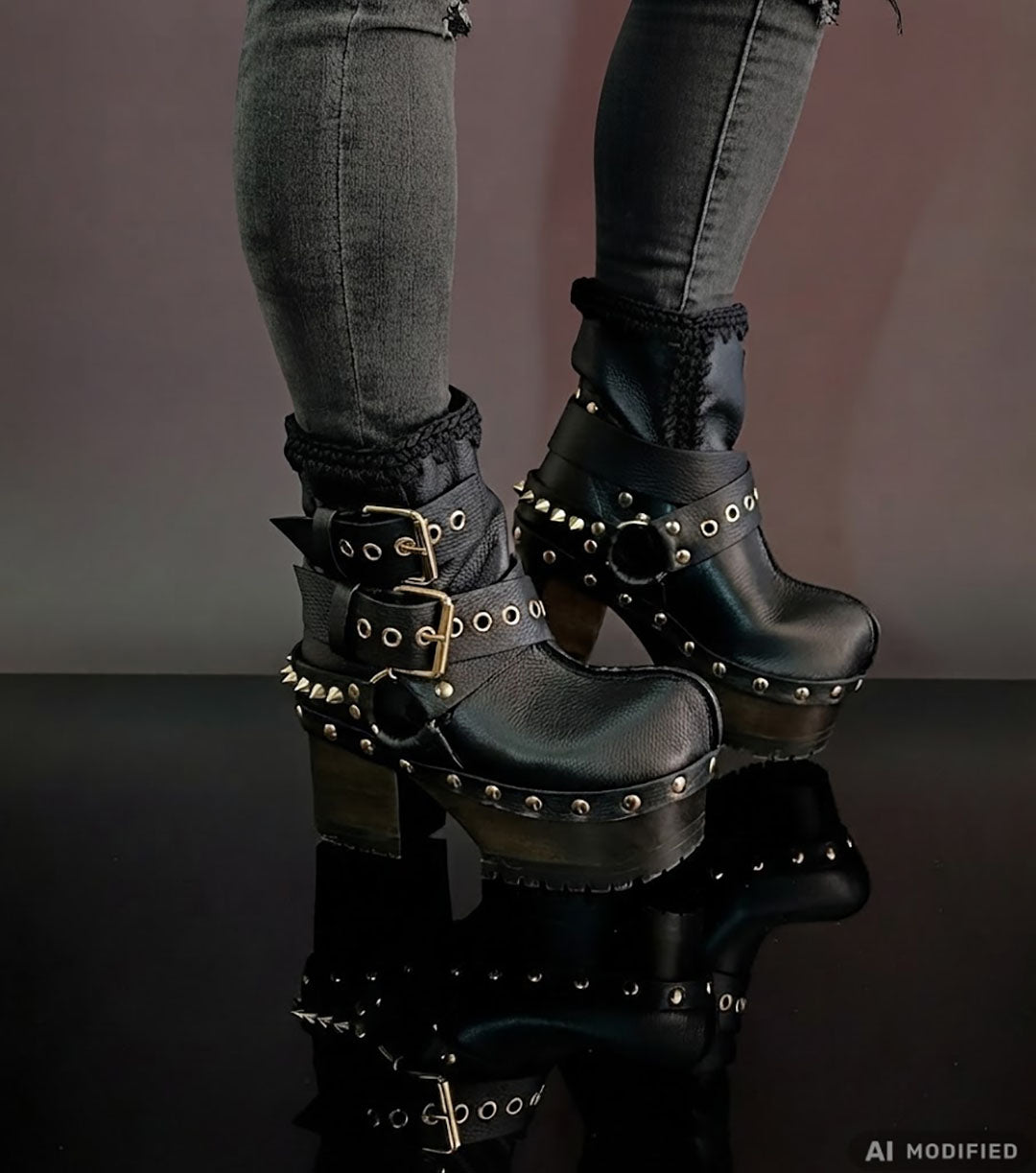 Black leather platform boots with silver studs. Black leather biker style boots with buckles. Black leather ankle boots with vintage style buckles. Leather boots with wooden heel. High-end handmade footwear by Sol Caleyo.