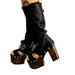 Black platform sandal with super high heel. Black super high heel platform boot with studs and silver chains. Super high heel biker style boot. Sizes 34 to 47. Handmade leather shoes by sol Caleyo.