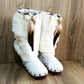 White handmade boho leather and rabbit fur wedge boots with carved bone, shells and feathers by Sol Caleyo
