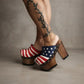 Model Wearing Sol Caleyo American Clogs - USA Flag Platform Shoes with 13cm Heel