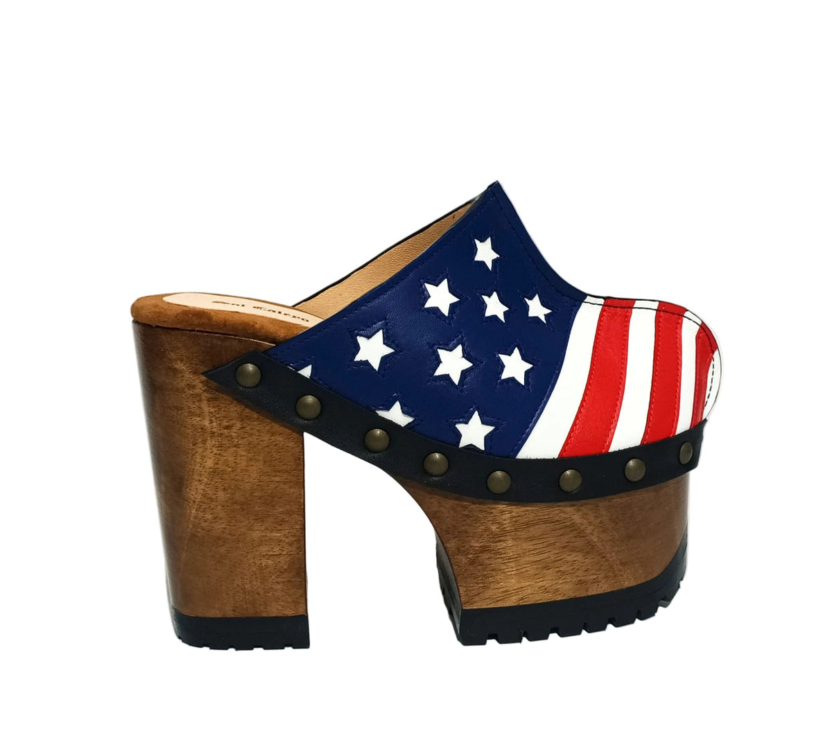 Sol Caleyo Handmade American Clogs - USA Flag Leather Platform Wooden Shoe