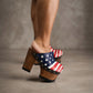 Model Wearing Sol Caleyo American Clogs - USA Flag Platform Shoes with 13cm Heel