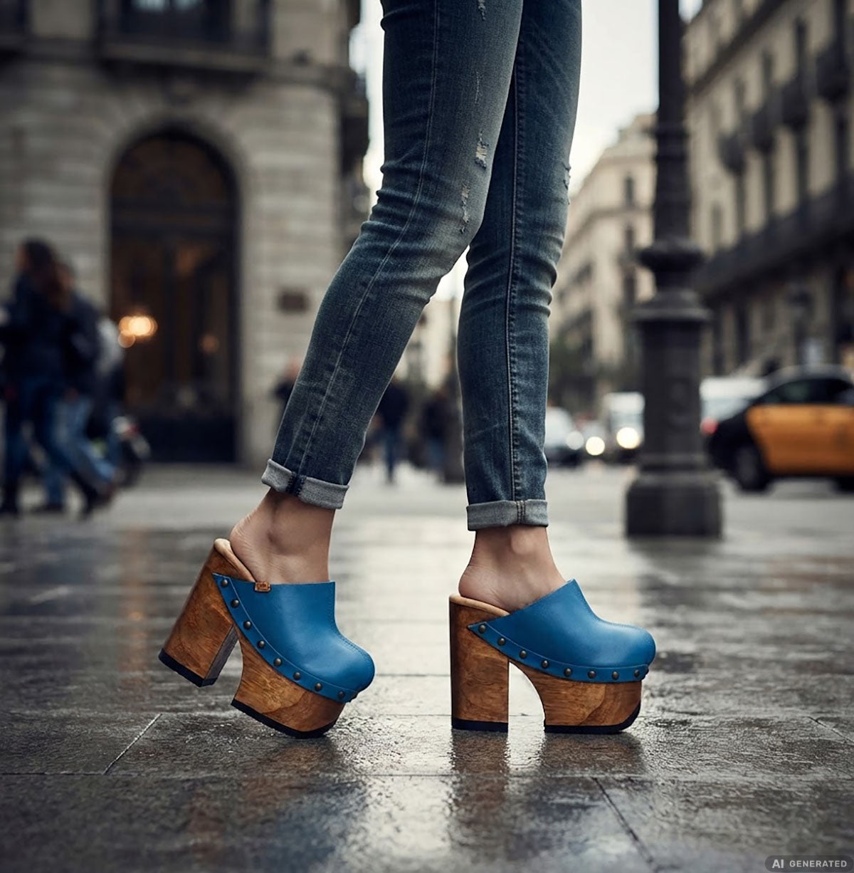 Model walking in Sol Caleyo blue leather platform clogs, street style outfit
