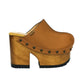 Brown leather clogs in a vintage 70s style. Super high vintage-style wooden heel. Sizes 33 to 47. High-end footwear handmade by Sol Caleyo.