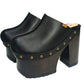 Black leather clogs with platform and super high heel. Leather mule with super high wooden heel. Black leather clogs 70's vintage style. Vintage style super high heel clogs. Sizes 34 to 47. High quality leather shoes handmade by sol Caleyo. Sustainable fashion.