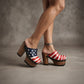 Model Wearing Sol Caleyo American Clogs - USA Flag Platform Shoes with 13cm Heel