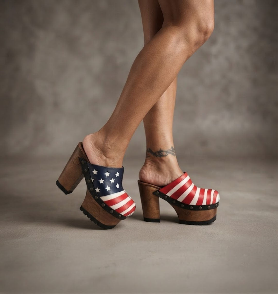 Model Wearing Sol Caleyo American Clogs - USA Flag Platform Shoes with 13cm Heel