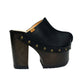 Black leather clogs with platform and super high heel. Leather mule with super high wooden heel. Black leather clogs 70's vintage style. Vintage style super high heel clogs. Sizes 34 to 47. High quality leather shoes handmade by sol Caleyo. Sustainable fashion.