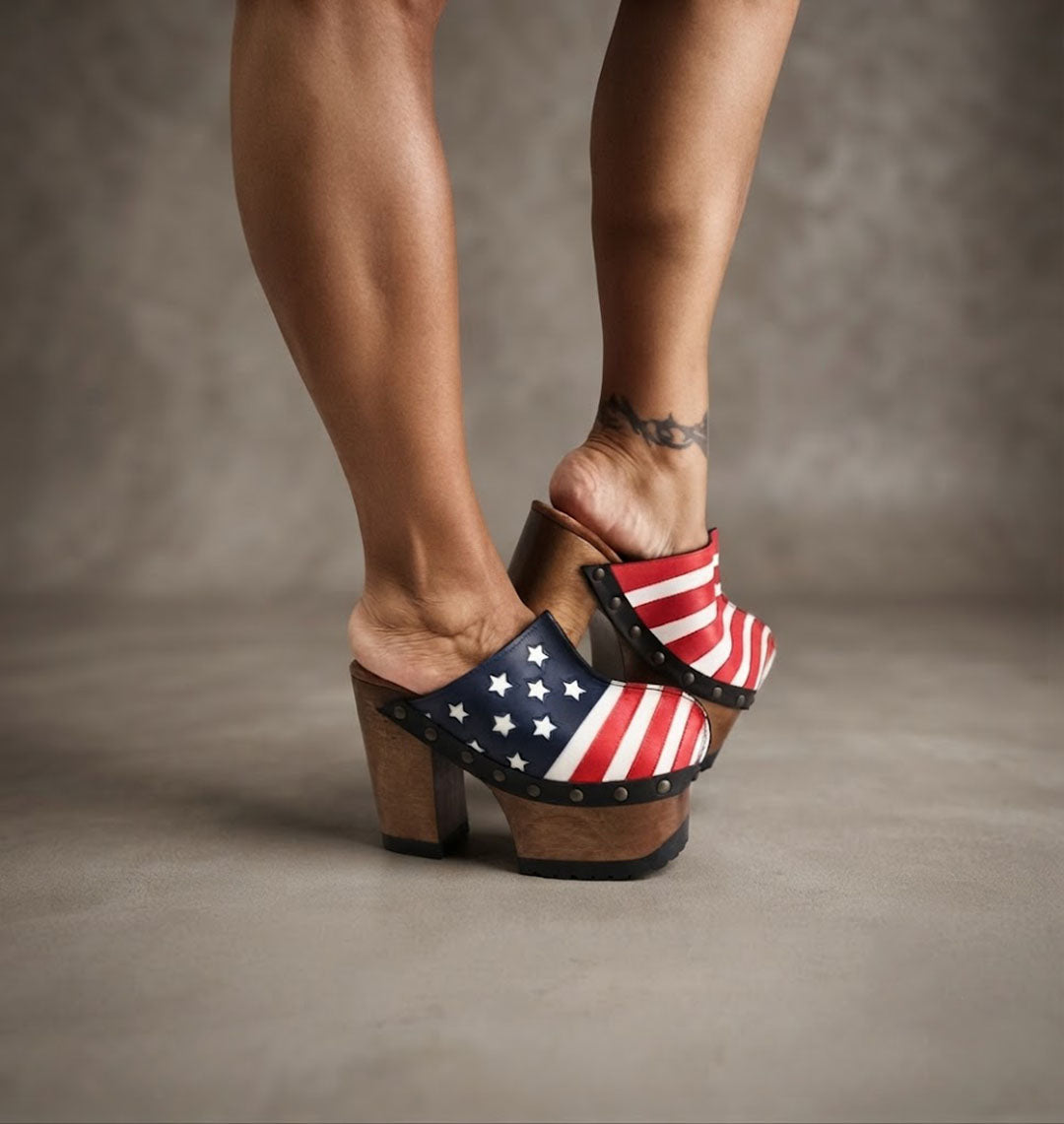Model Wearing Sol Caleyo American Clogs - USA Flag Platform Shoes with 13cm Heel