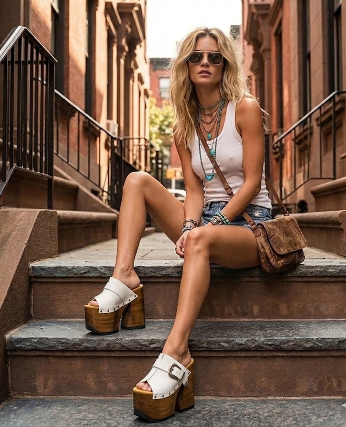 Model wearing custom-made White Western Sandals, highlighting the artisanal wood craftsmanship and extreme platform height in an urban setting.