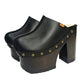 Black leather clogs with platform and super high heel. Leather mule with super high wooden heel. Black leather clogs 70's vintage style. Vintage style super high heel clogs. Sizes 34 to 47. High quality leather shoes handmade by sol Caleyo. Sustainable fashion.
