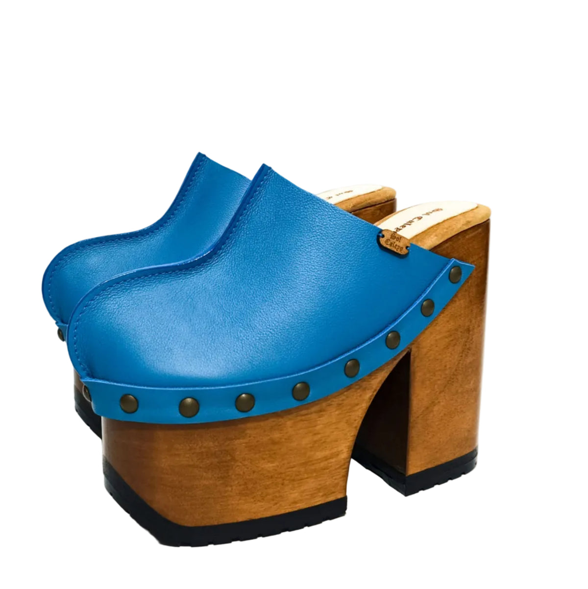 Blue leather clog back view with 15cm wooden heel