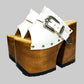 Individually handcrafted White Western Sandals showing the 17cm hand-carved wooden platform and ornate silver buckle on a white background.