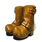 Handmade camel distressed leather pull-on mid-calf platform boots with antique gold buckles, rivets and 6.5 cm lacquered wooden heel by Sol Caleyo.