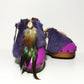 Handmade smooth lilac leather closed-toe platform mule clogs with purple rabbit fur, feathers, bone, carved horn, shells and 6 cm natural lacquered wooden heel by Sol Caleyo.