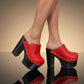 Red leather clog with super high wooden heel in vintage 70s style. Leather clog with platform and super high heel made in wood. Sizes 34 to 47. High quality leather shoes handmade by Sol Caleyo.