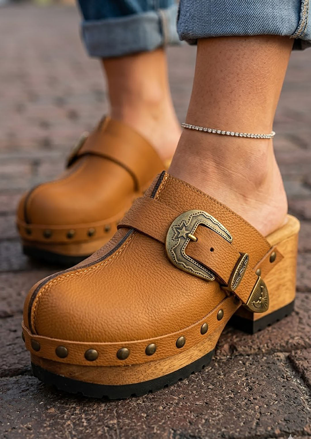 Close-up of a person wearing stylish light brown genuine leather clogs with an antique bronze buckle, wooden platform sole, and metallic studs, standing on a cobblestone street. Handmade designer footwear by Sol Caleyo.
