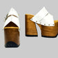 Individually handcrafted White Western Sandals showing the 17cm hand-carved wooden platform and ornate silver buckle on a white background.