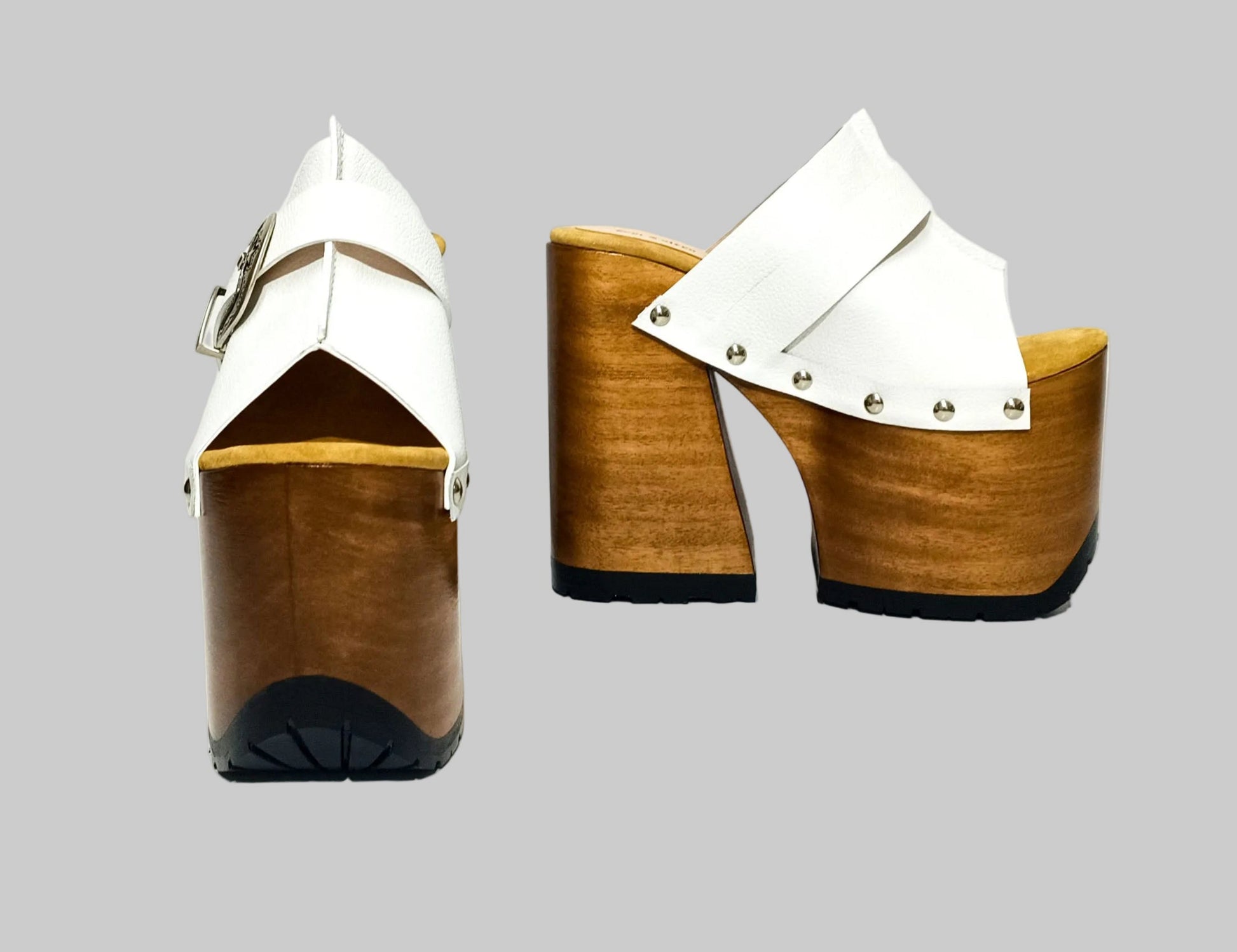Individually handcrafted White Western Sandals showing the 17cm hand-carved wooden platform and ornate silver buckle on a white background.