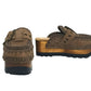 Pair of handmade brown leather clogs with wooden sole, brass studs and eyelets, made to order