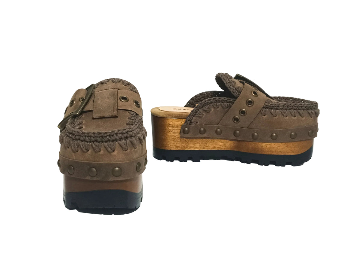 Pair of handmade brown leather clogs with wooden sole, brass studs and eyelets, made to order