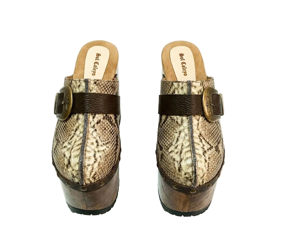 Profile view of Route 66 XL Snake Natural clogs with 17cm natural wood platform heel, snake print leather, and antique brass buckle.