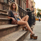 Profile view of Route 66 XL Snake Natural clogs with 17cm natural wood platform heel, snake print leather, and antique brass buckle.