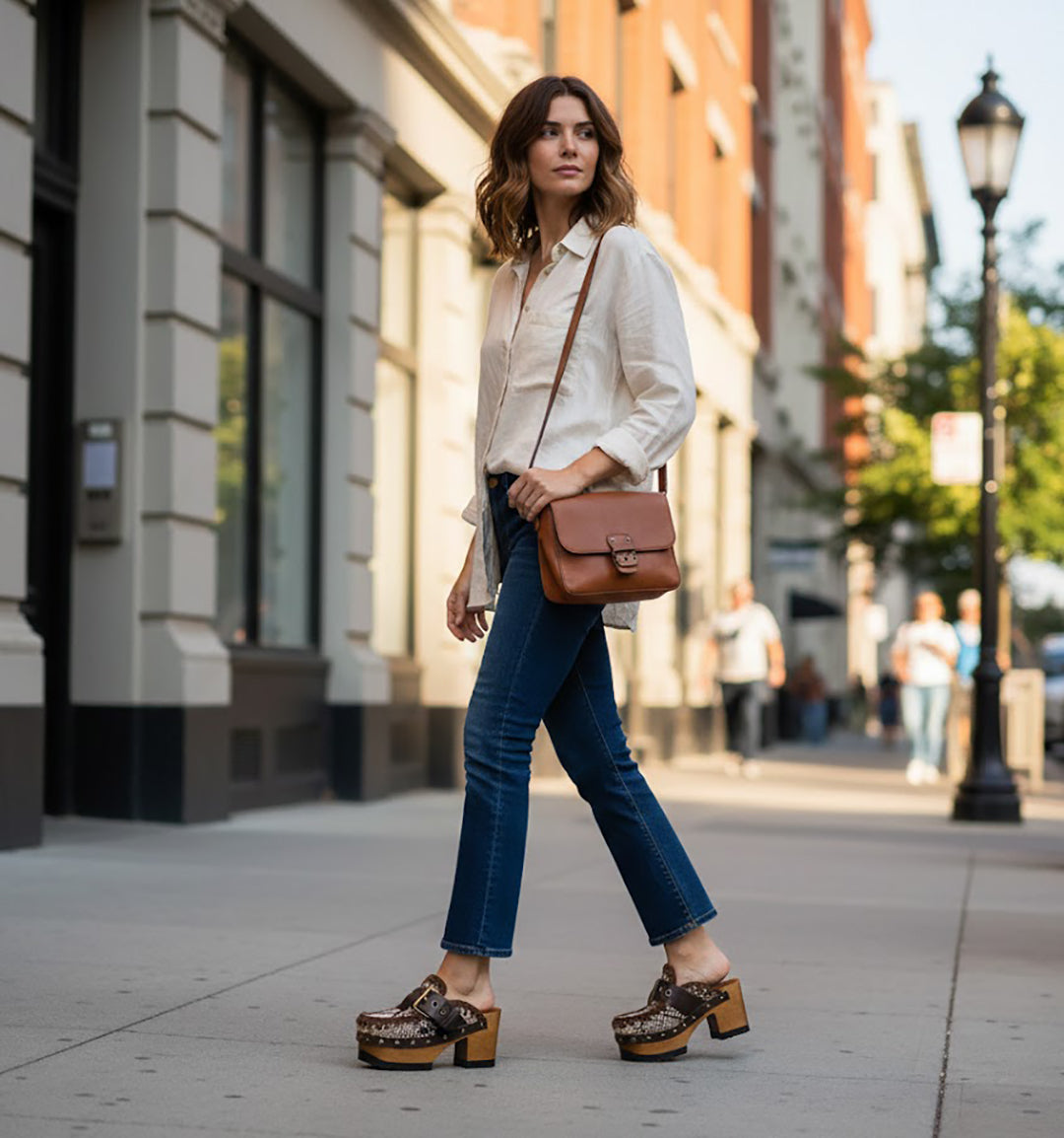 Handmade snake print and distressed brown leather mule clogs with antique-gold buckle, studs and 9 cm wooden heel by Sol Caleyo.