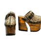 Profile view of Route 66 XL Snake Natural clogs with 17cm natural wood platform heel, snake print leather, and antique brass buckle.